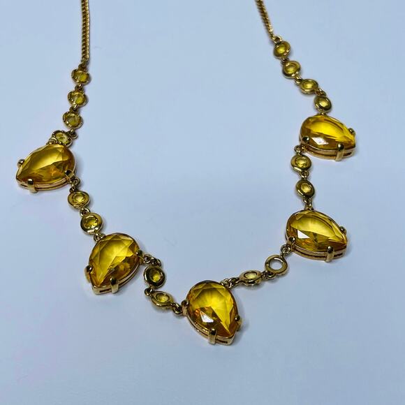 J.CREW Citrine Beveled Glass Necklace, 5 Panels, Gold Tone, Chunky Vintage - Picture 4 of 8